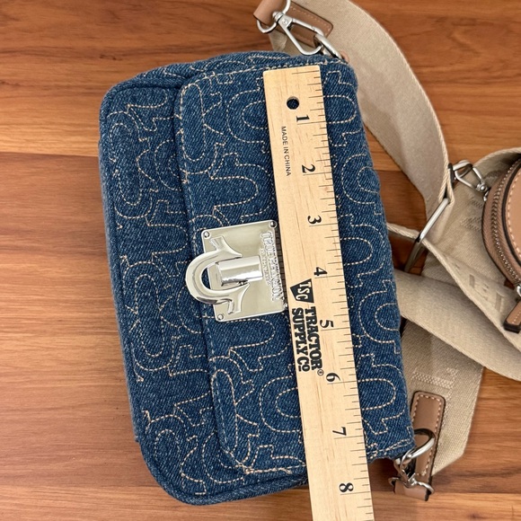 TRUE RELIGION Denim Quilted Horseshoe Wide Strap Coin Purse Flap Crossbody Bag - Picture 9 of 16